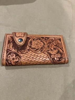 Tan Leather Bifold Wallet with Floral Stamp